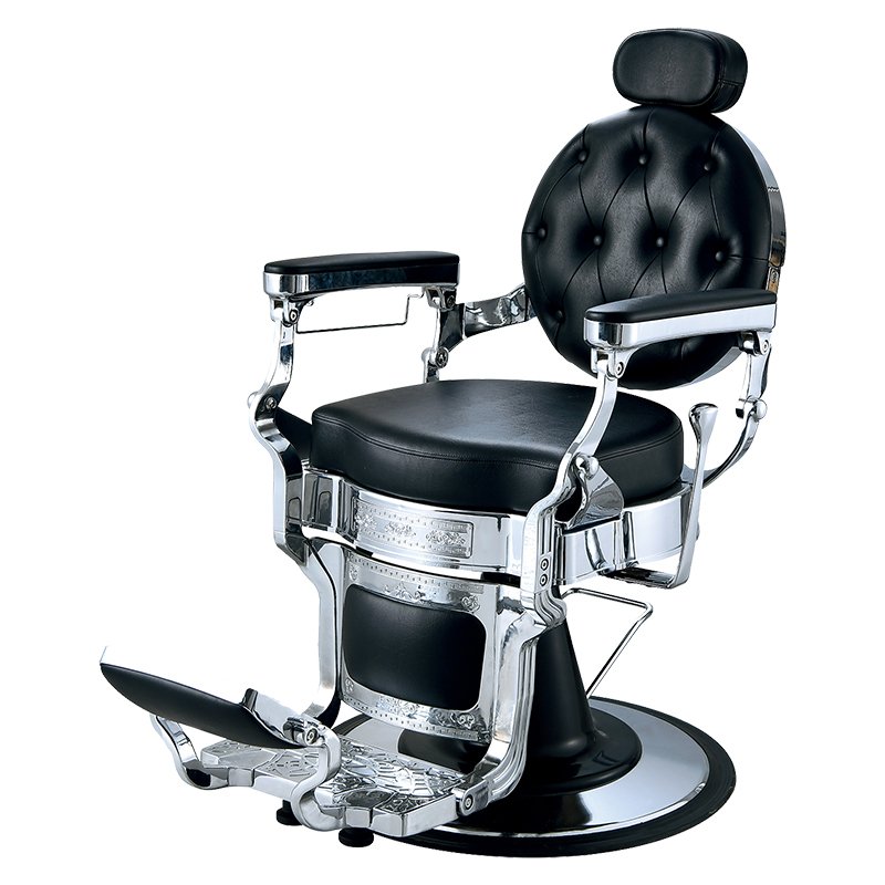 Modern Barber Shop Black Leather Haircut Chair Aluminum Handrail Vintage Barber Recline Chair
