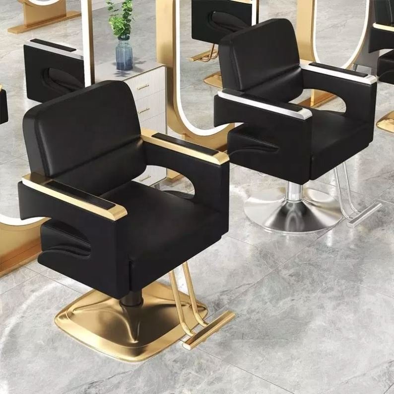 High-End Hair Salon Furniture Armchair Can Rotate And Lift Stainless Steel Black Metal Barber Chair
