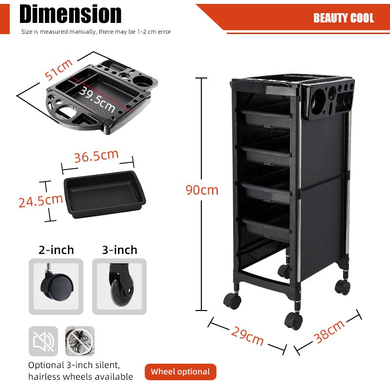 Wholesale Lockable Black Barber Trolley with Wheels Salon Furniture for Spa Home Living Room Hotel Hospital Made of Plastic