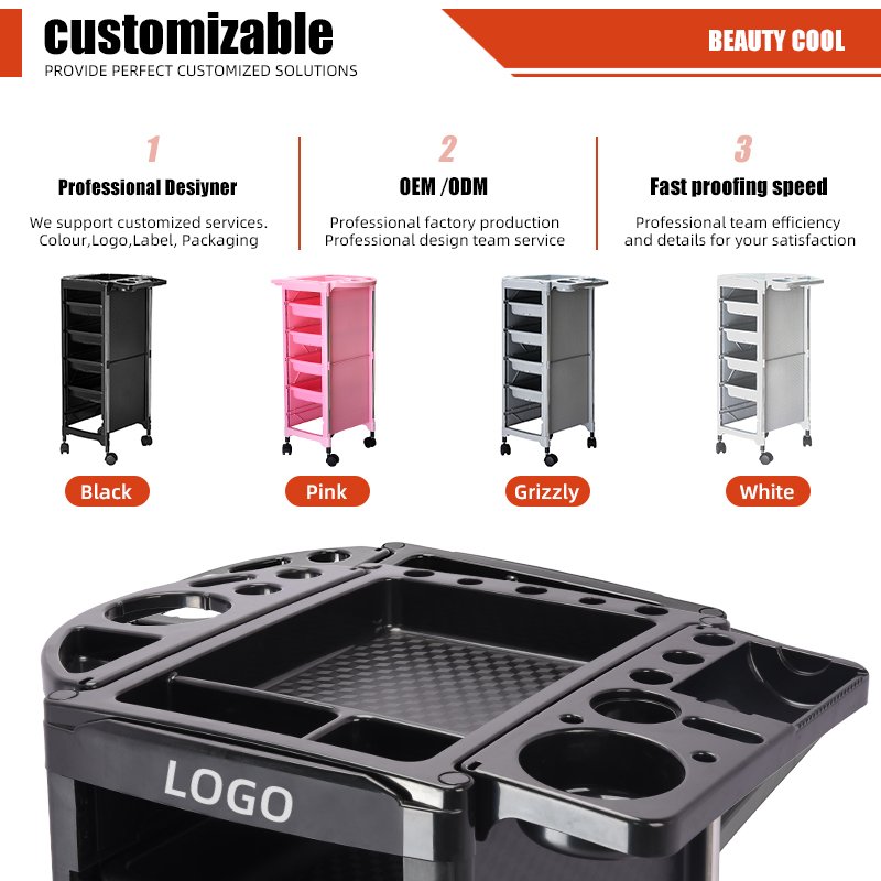 Wholesale Lockable Black Barber Trolley with Wheels Salon Furniture for Spa Home Living Room Hotel Hospital Made of Plastic