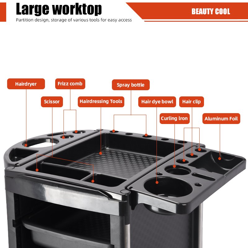 Wholesale Lockable Black Barber Trolley with Wheels Salon Furniture for Spa Home Living Room Hotel Hospital Made of Plastic