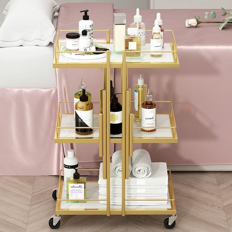 Gold Beauty Cart Lockable Wheels 3-Layer Nail Salon Spa Foot Repair Cart New Design Makeup Salon Cart Hair Salon Application
