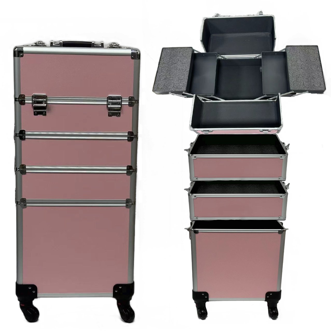 Professional 4 in 1 trolley Makeup Train Case box Aluminum Rolling makeup bag Case Travel Nail Art Case for Nail Salon