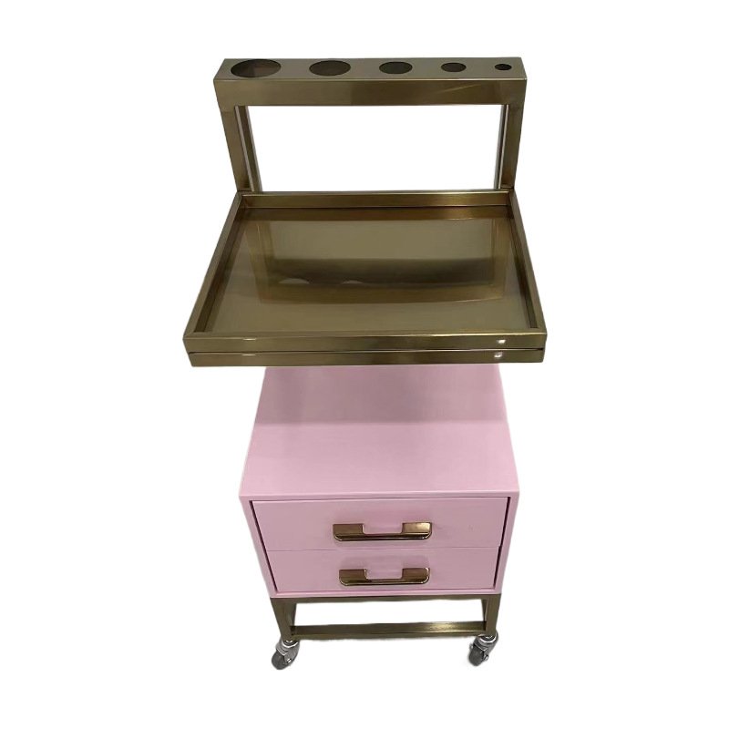 Modern Luxury Pink Wood and Gold Stainless Metal Salon Trolley Hair Spa Beauty Shop Furniture Tools Hand Carts Tools Trolley