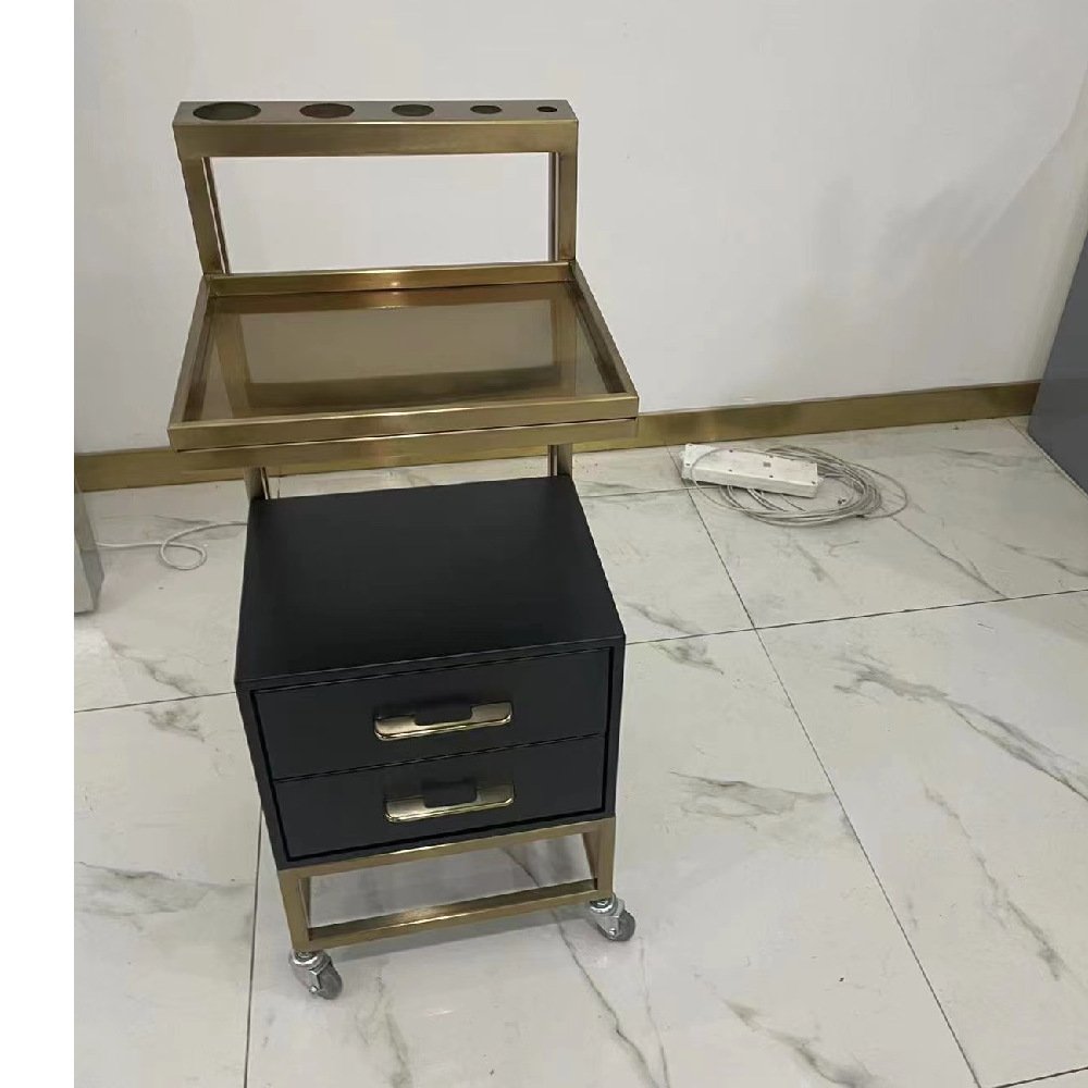Modern Luxury Pink Wood and Gold Stainless Metal Salon Trolley Hair Spa Beauty Shop Furniture Tools Hand Carts Tools Trolley