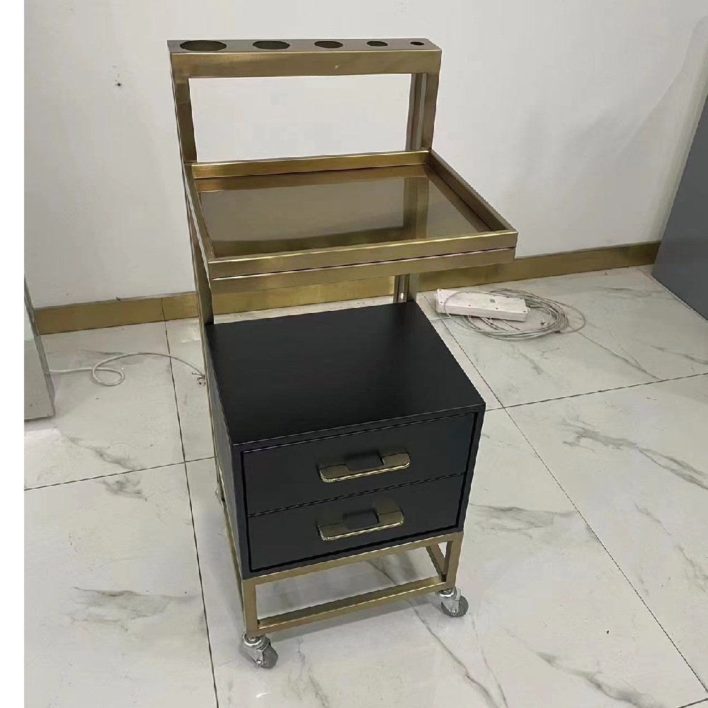 Modern Luxury Pink Wood and Gold Stainless Metal Salon Trolley Hair Spa Beauty Shop Furniture Tools Hand Carts Tools Trolley