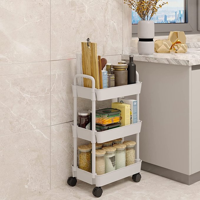 3-tier Trolley on Wheels, Kitchen Storage Utility Cart, Rolling Storage Rack for Bedroom, Bathroom, Office, White