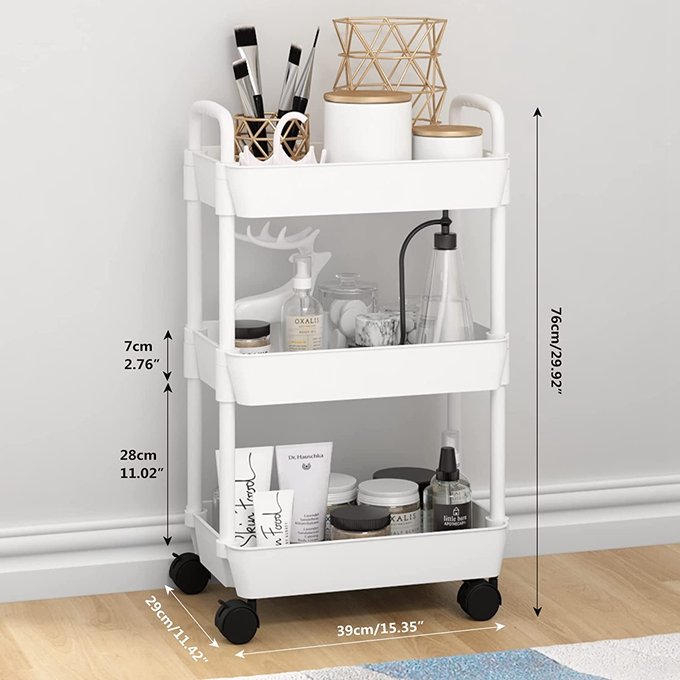 3-tier Trolley on Wheels, Kitchen Storage Utility Cart, Rolling Storage Rack for Bedroom, Bathroom, Office, White