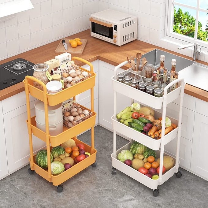 3-tier Trolley on Wheels, Kitchen Storage Utility Cart, Rolling Storage Rack for Bedroom, Bathroom, Office, White