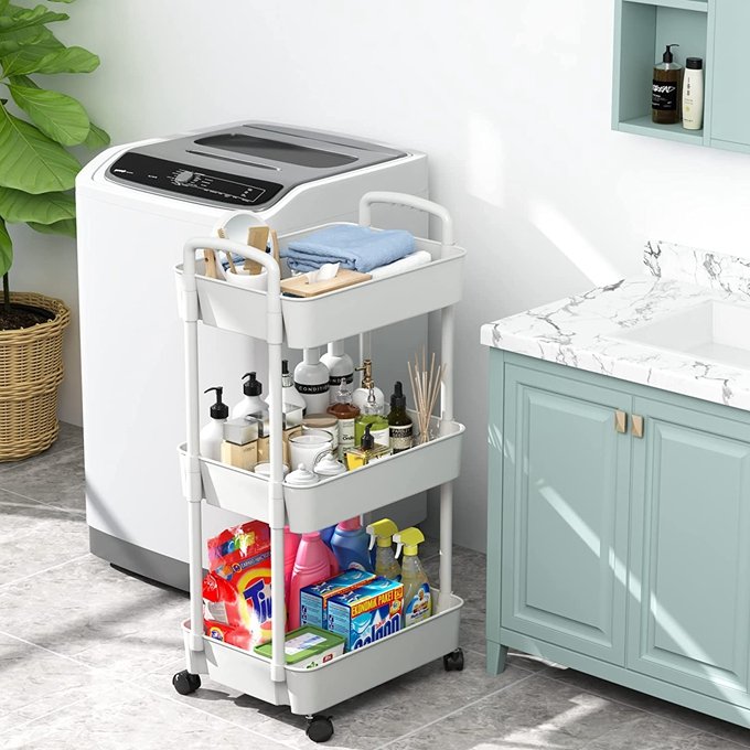 3-tier Trolley on Wheels, Kitchen Storage Utility Cart, Rolling Storage Rack for Bedroom, Bathroom, Office, White