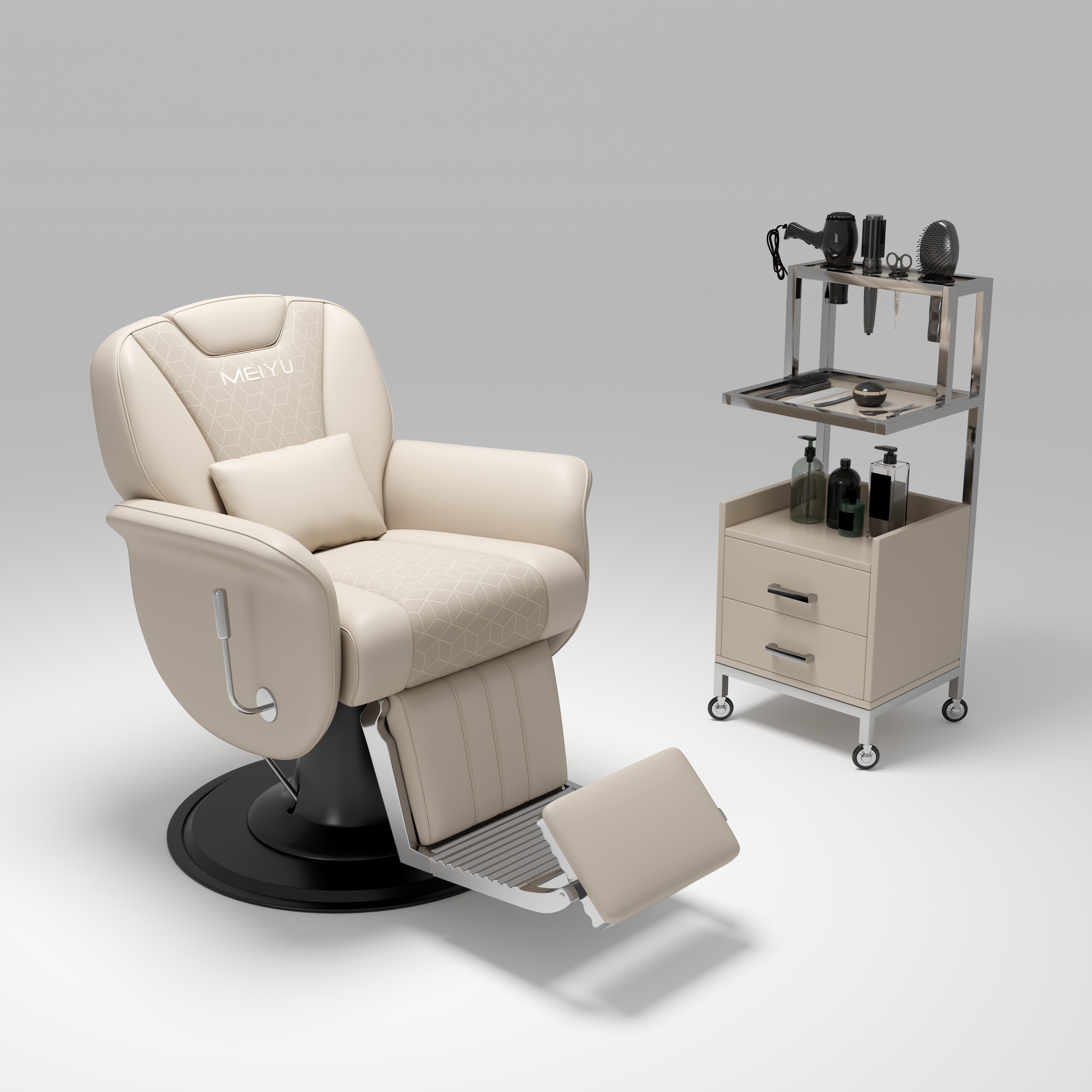 New multifunctional barber chair with customizable colors equipped with a large pump and a trolley