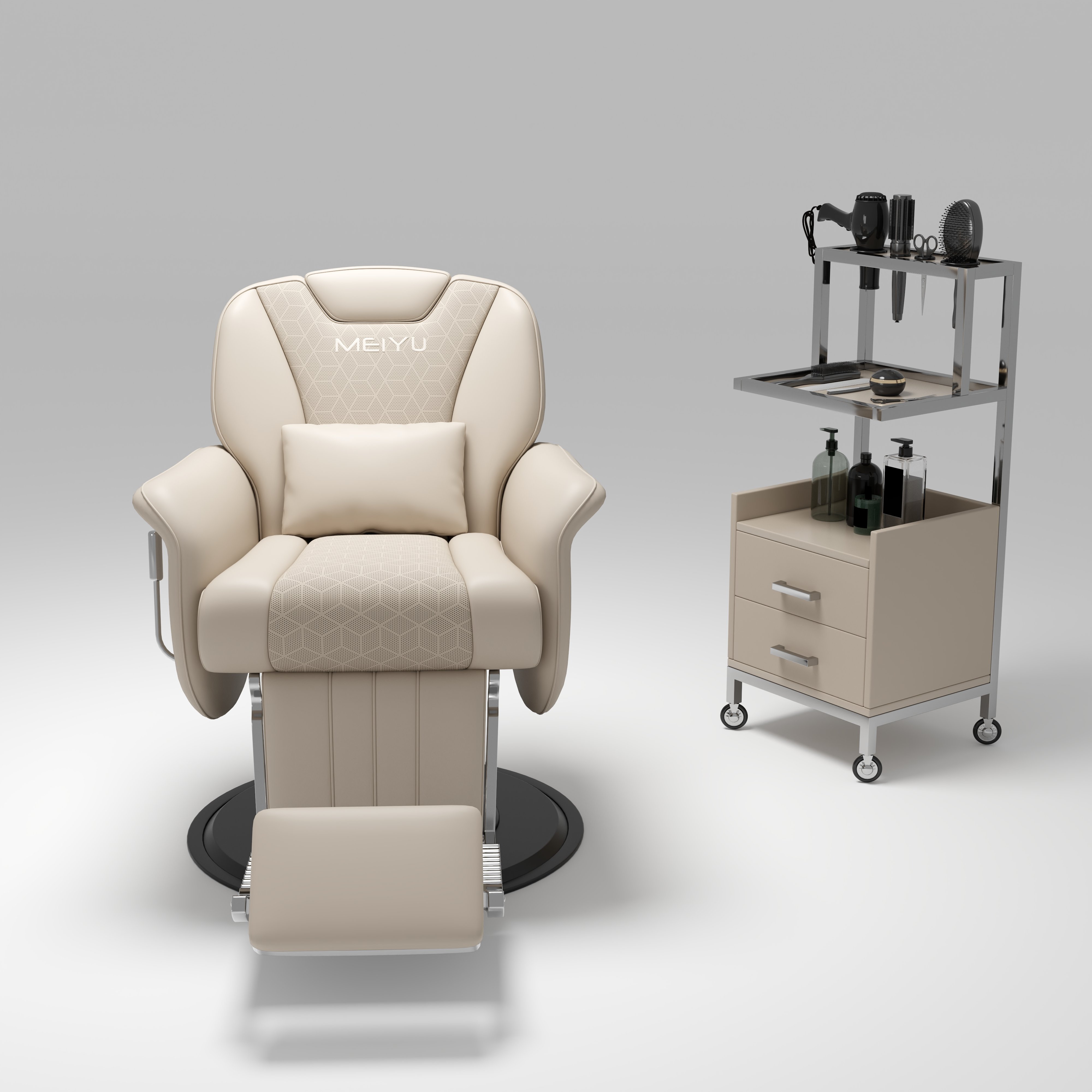 New multifunctional barber chair with customizable colors equipped with a large pump and a trolley