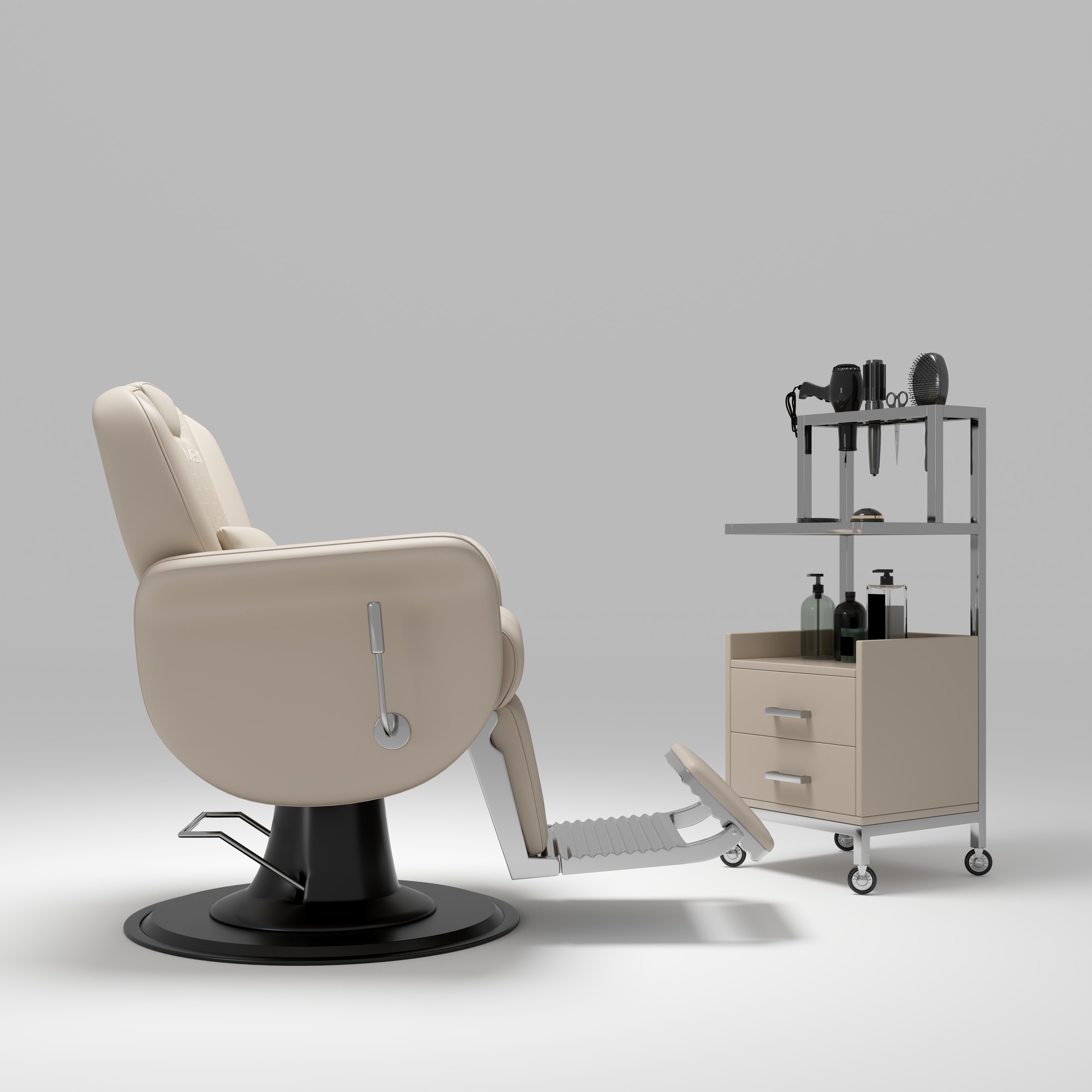 New multifunctional barber chair with customizable colors equipped with a large pump and a trolley