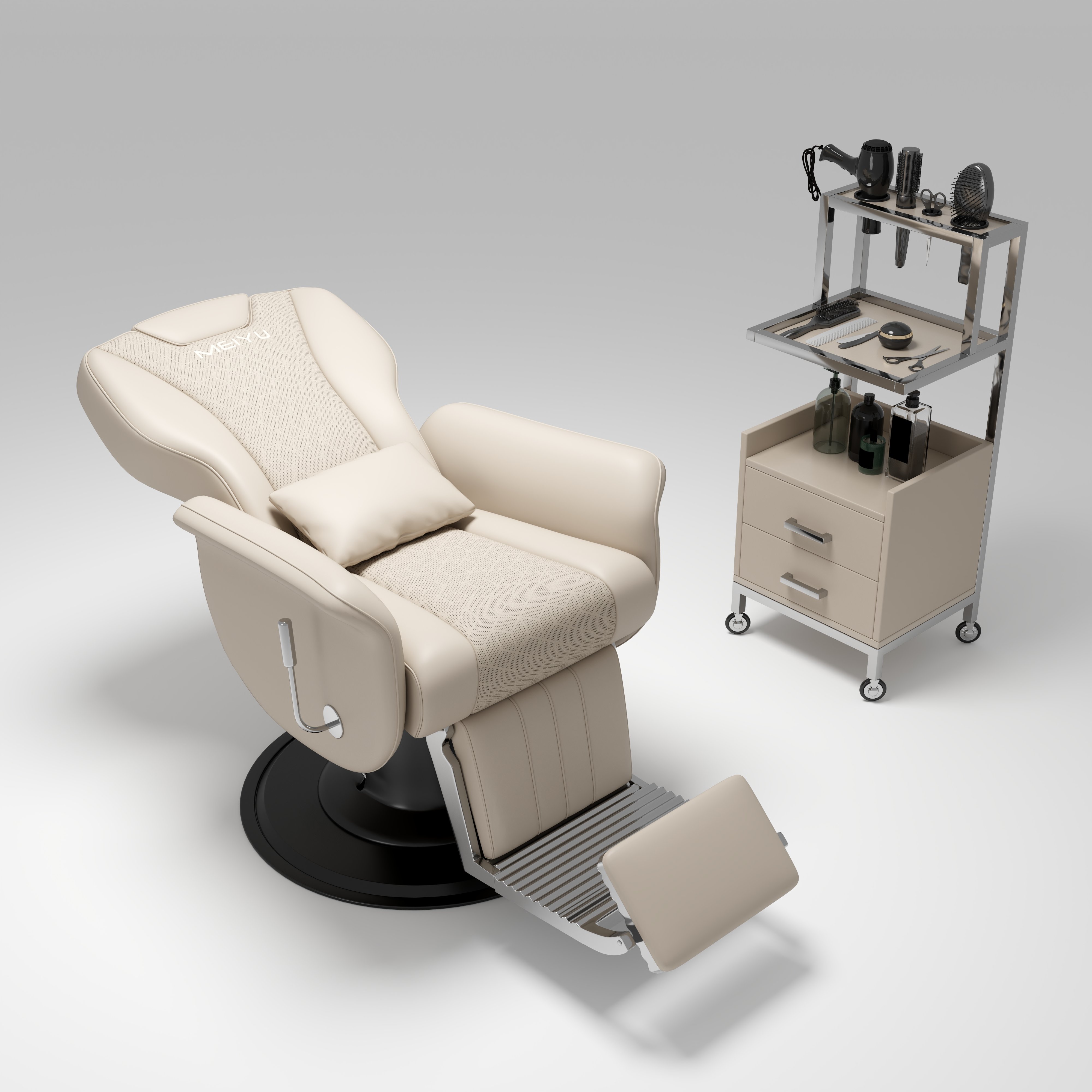 New multifunctional barber chair with customizable colors equipped with a large pump and a trolley