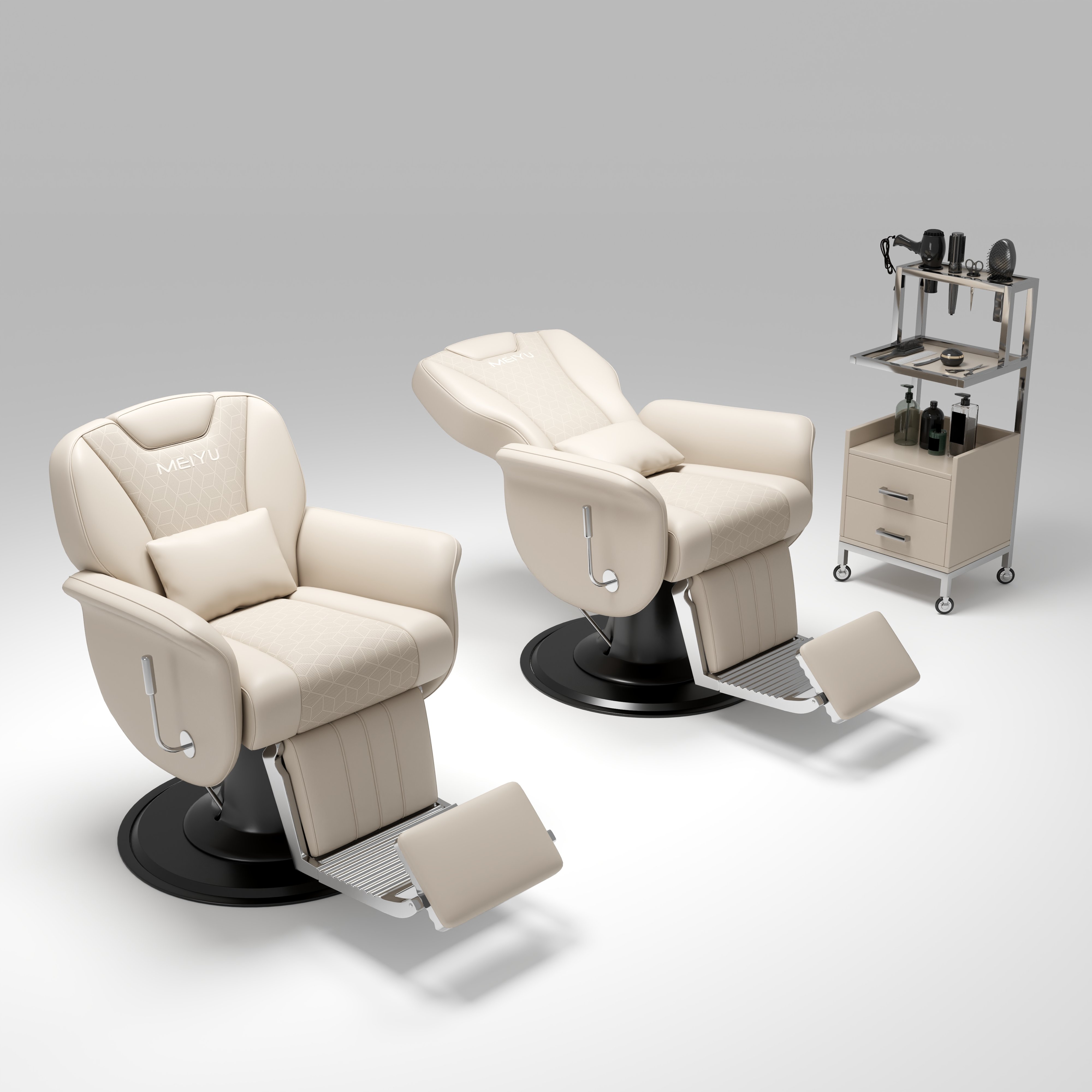 New multifunctional barber chair with customizable colors equipped with a large pump and a trolley