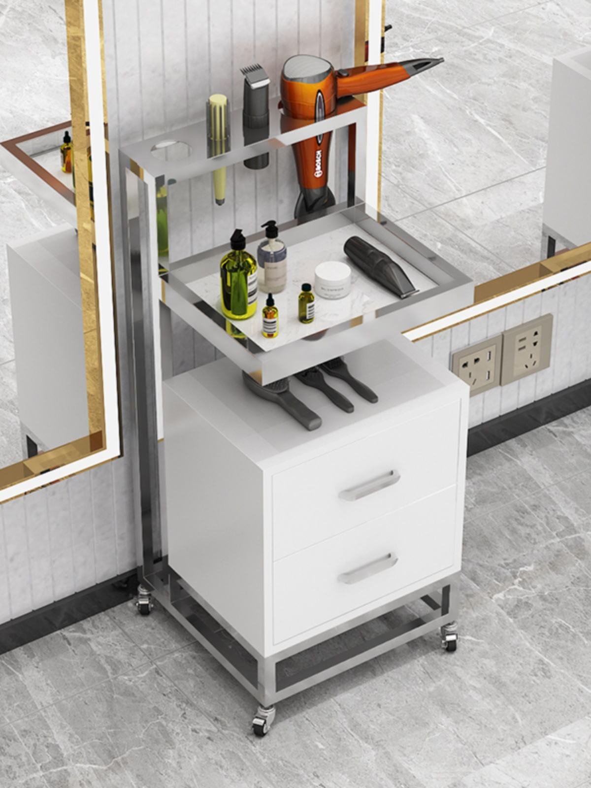 MORE DESIGN Barber Shop Furniture Stainless Steel Styling Salon Tool Beauty Hair Salon Side Trolley With Wheels And Drawers