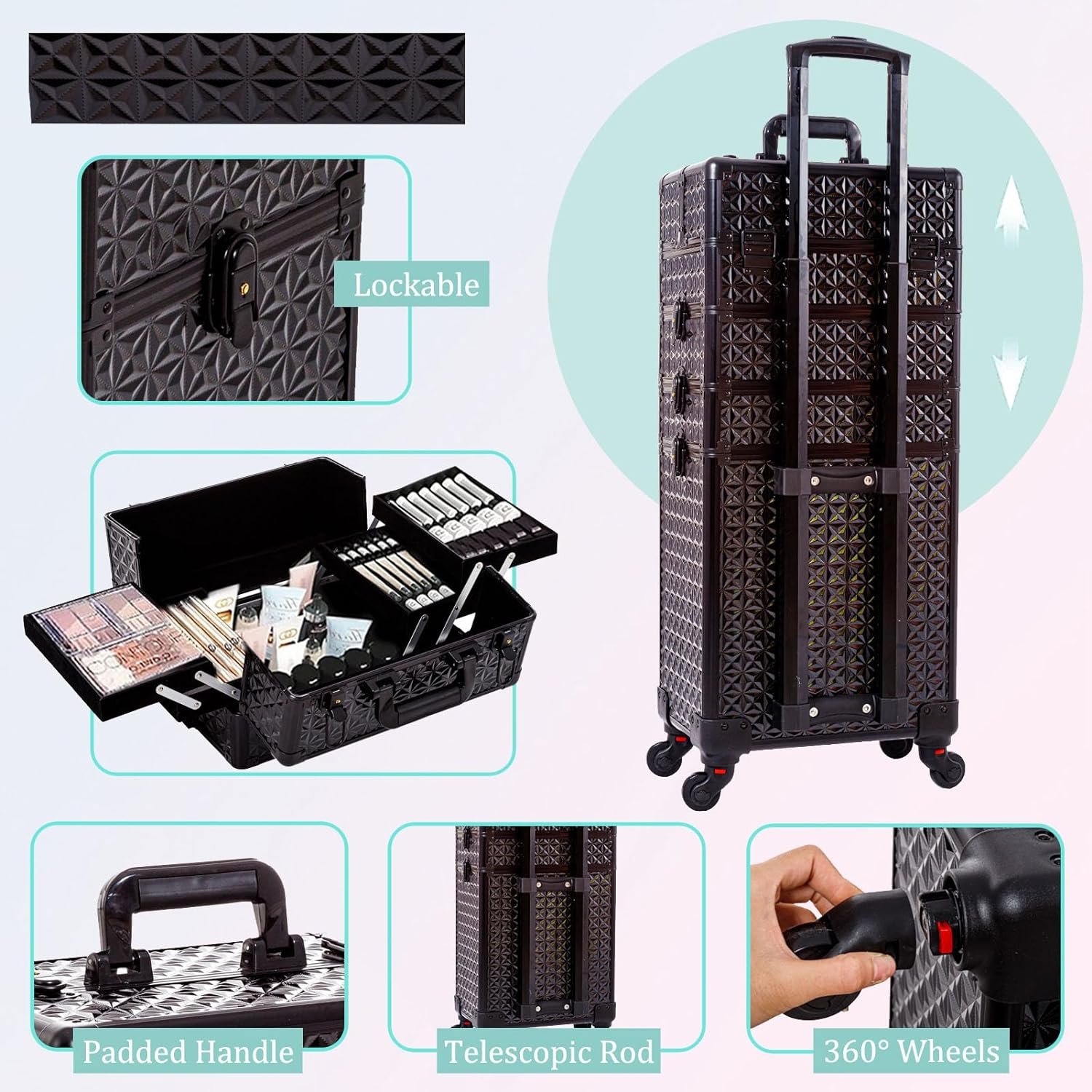 Aluminum Rolling Makeup Case With Wheels 4 in 1 Trolley Beauty Travel Case
