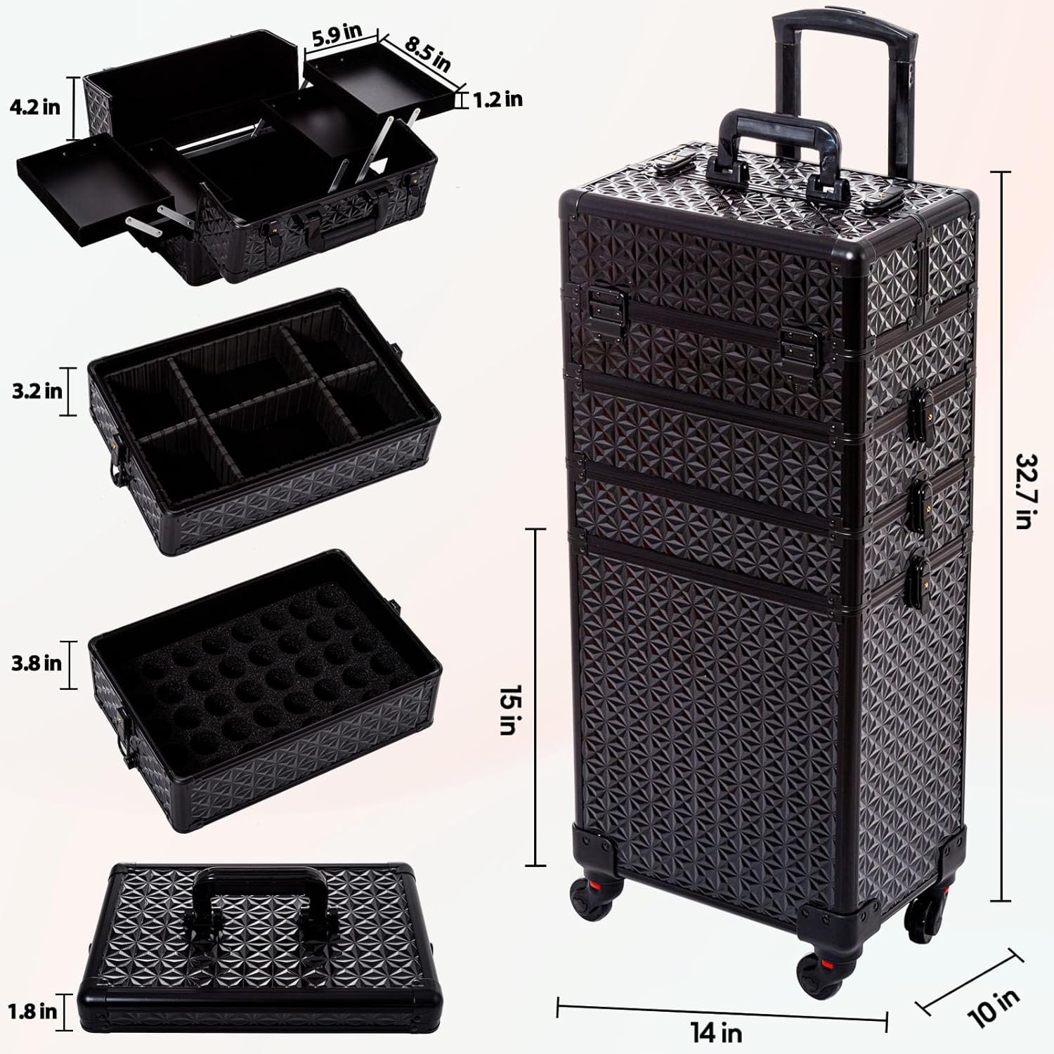 Aluminum Rolling Makeup Case With Wheels 4 in 1 Trolley Beauty Travel Case