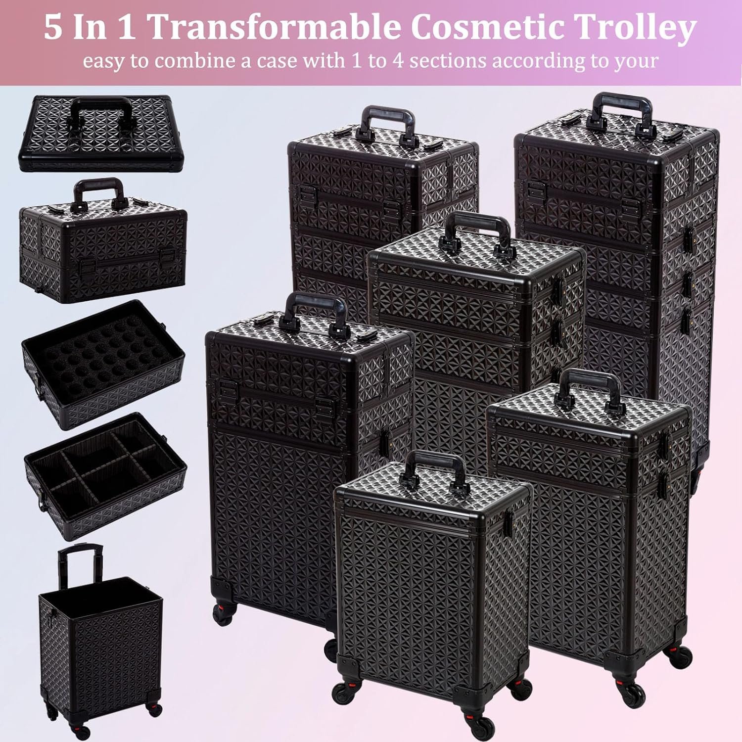 Aluminum Rolling Makeup Case With Wheels 4 in 1 Trolley Beauty Travel Case