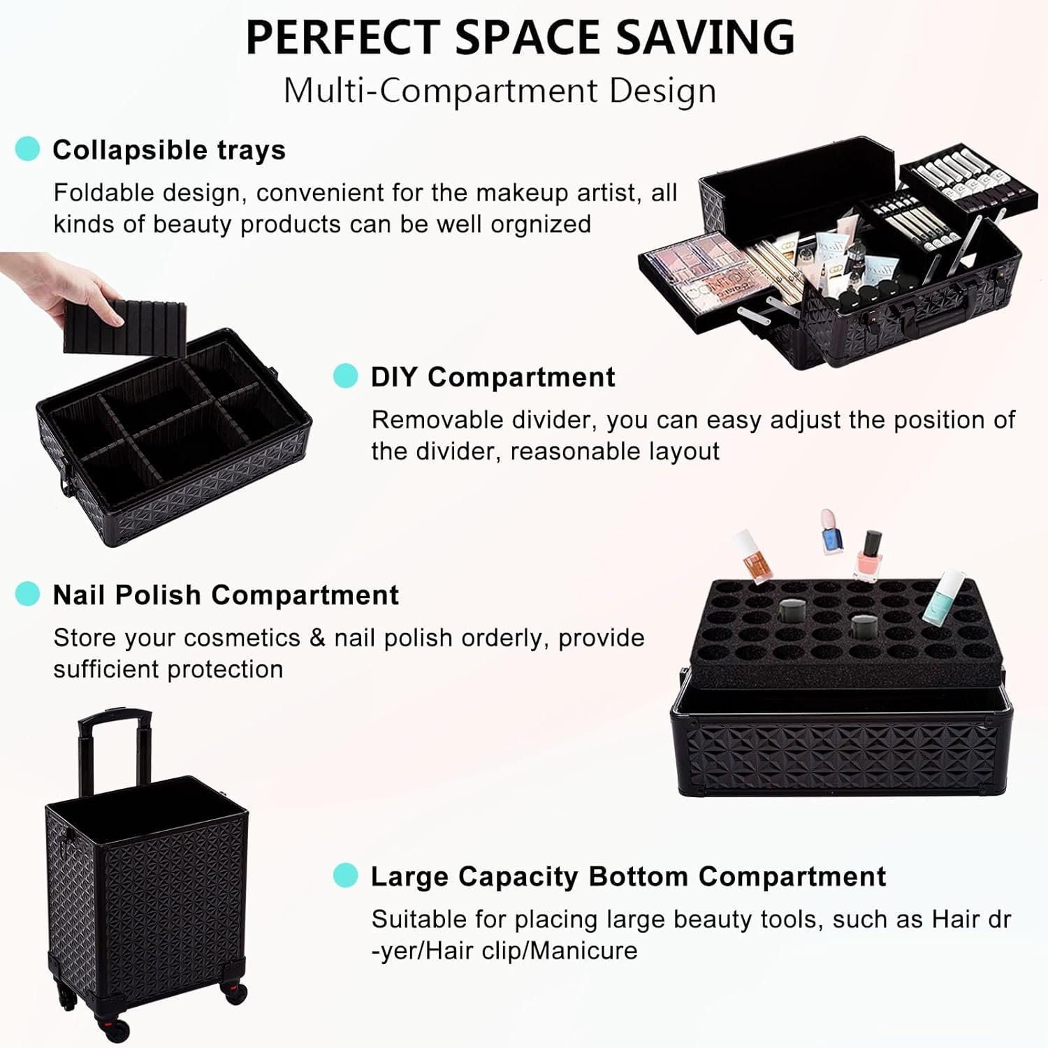 Aluminum Rolling Makeup Case With Wheels 4 in 1 Trolley Beauty Travel Case
