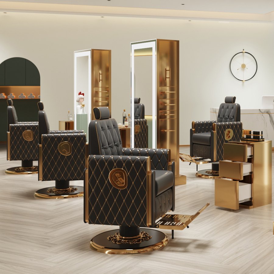 Customizable Leather Barber Chair in Gold, High-Quality Retro Design for Upscale Barber Shops