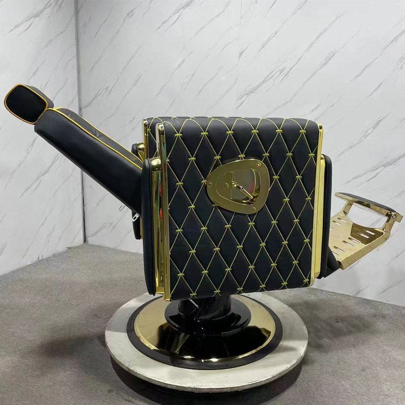 Customizable Leather Barber Chair in Gold, High-Quality Retro Design for Upscale Barber Shops