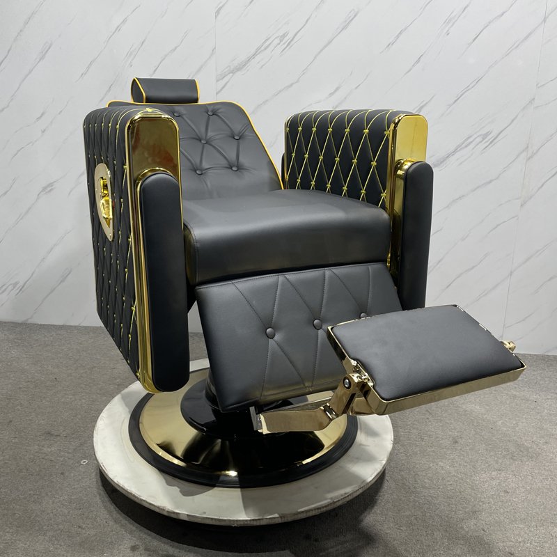 Customizable Leather Barber Chair in Gold, High-Quality Retro Design for Upscale Barber Shops