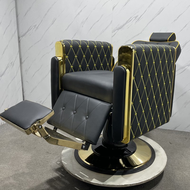 Customizable Leather Barber Chair in Gold, High-Quality Retro Design for Upscale Barber Shops