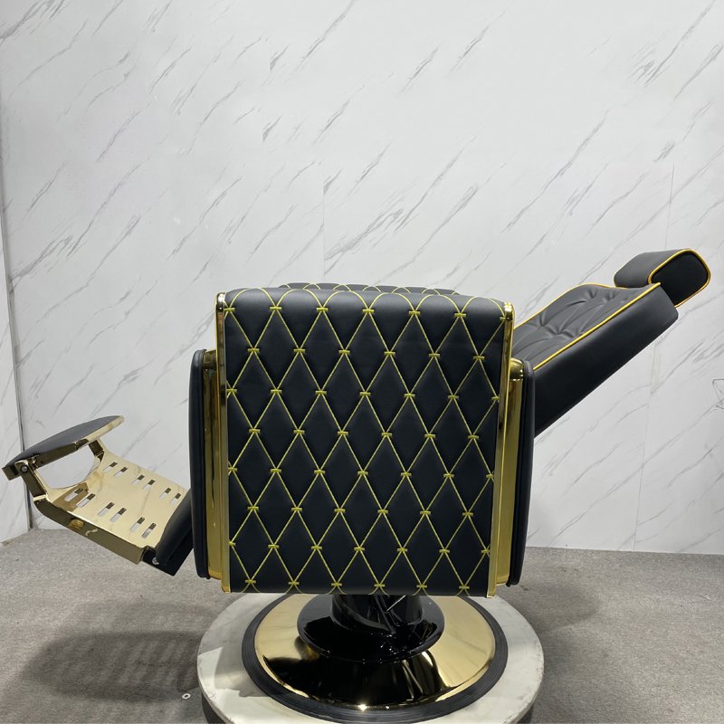 Customizable Leather Barber Chair in Gold, High-Quality Retro Design for Upscale Barber Shops