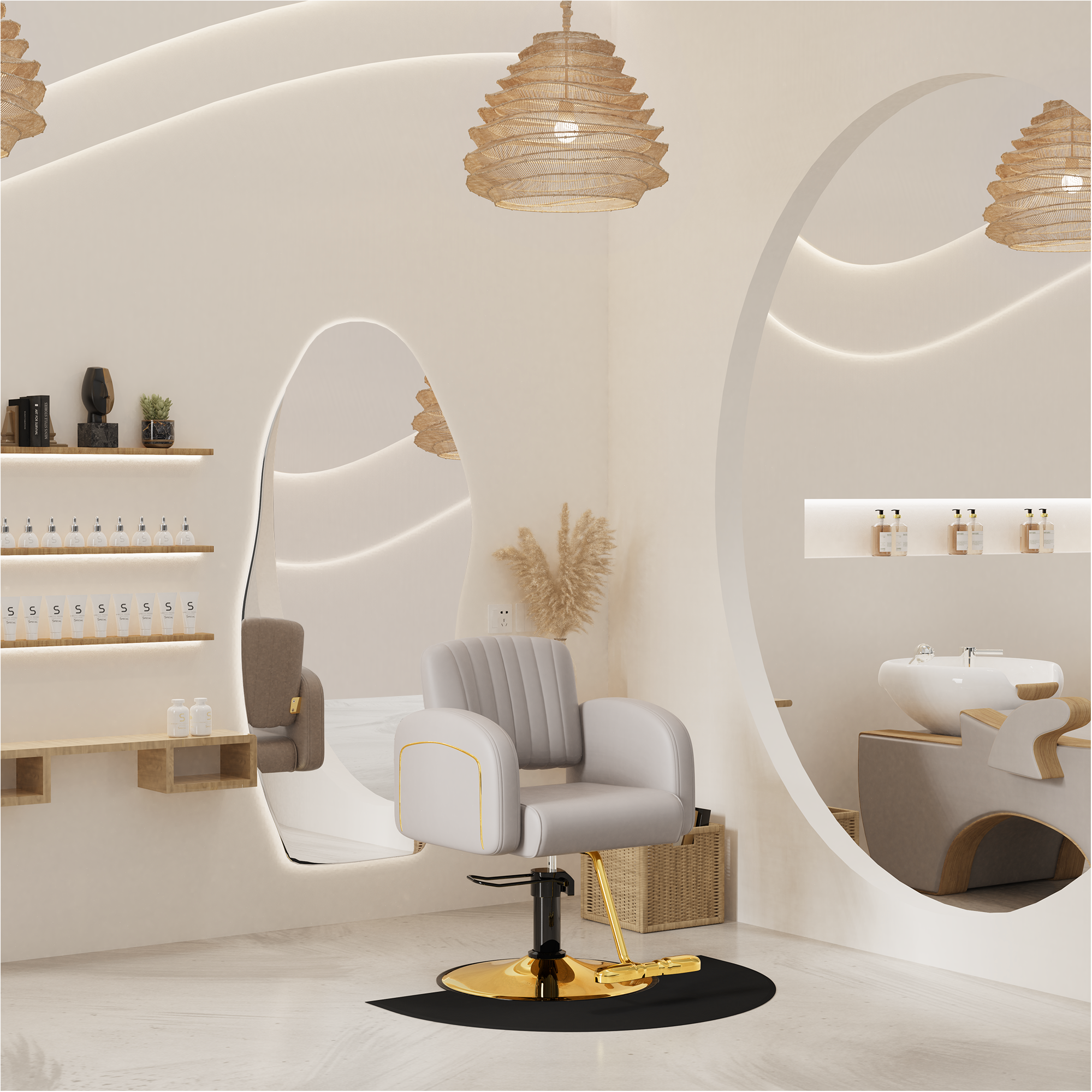 Fast Delivery Adjustable Height Easy-To-Clean Surface Gray Barber Chair Gold Salon Chairs