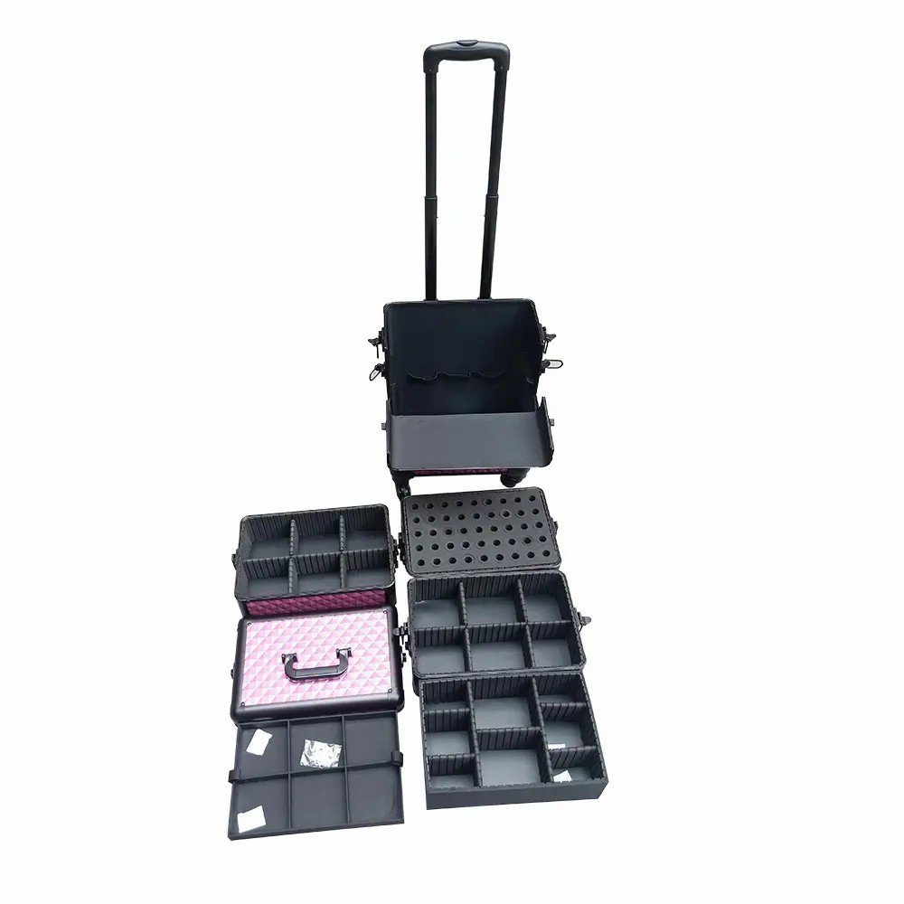 Cosmetic Case Trolley 4-in-1 Make Up Case Large Cosmetic Trolley Vanity Case with Wheels Aluminium Beauty Hairdressing Suitcase