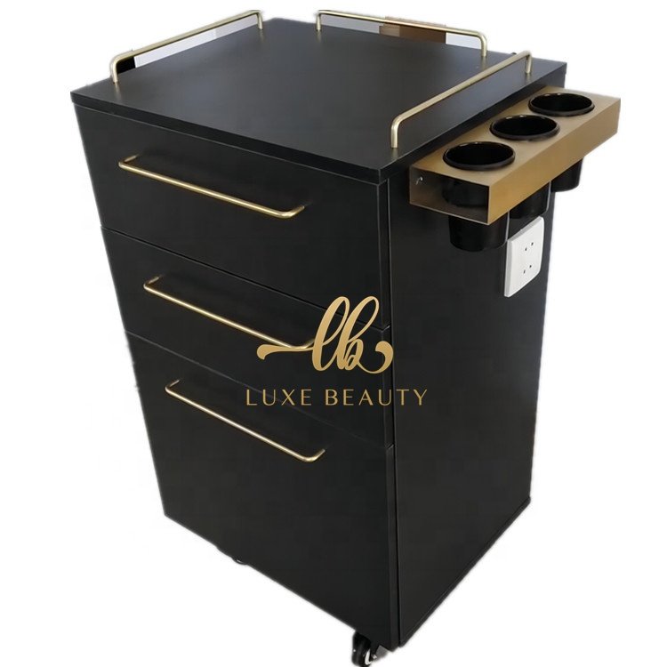 luxury white&gold beauty spa nail barber styling station with Blower holder hair salon trolley cart with wheels for barber shop