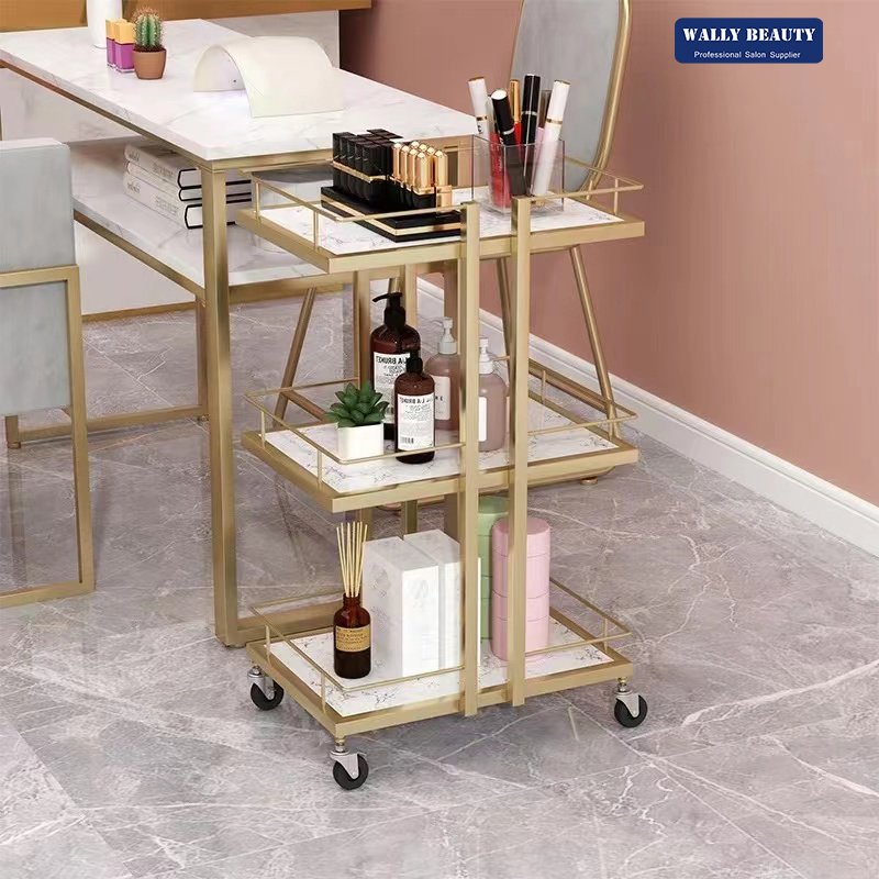 Wallybeauty beauty salon nail manicure gold trolley barber shop rack hairdressing trolley rolling storage