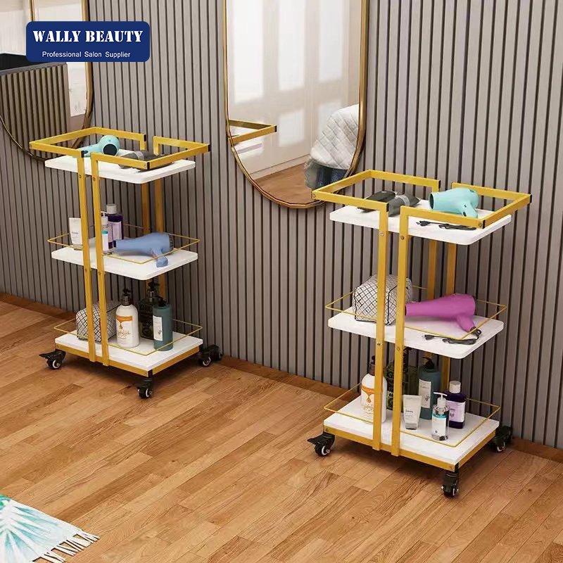 Wallybeauty beauty salon nail manicure gold trolley barber shop rack hairdressing trolley rolling storage