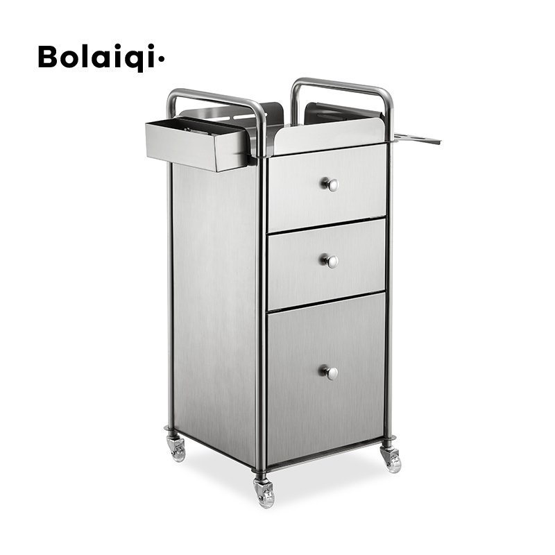 BOLAIQI beauty salon hairdressing cart tools storage metal cabinet silver working trolley stainless steel trolley
