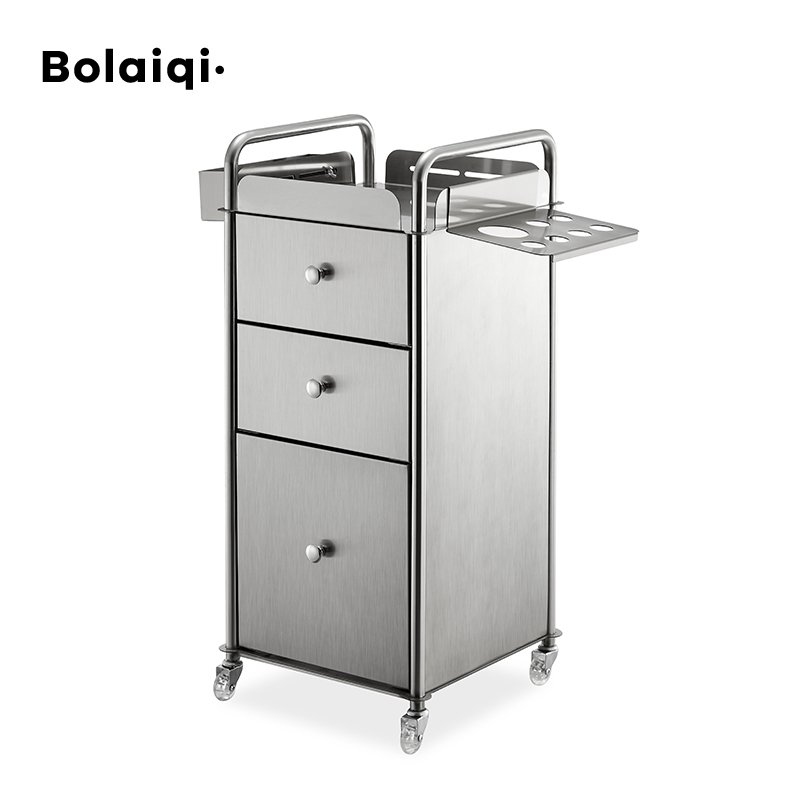 BOLAIQI beauty salon hairdressing cart tools storage metal cabinet silver working trolley stainless steel trolley