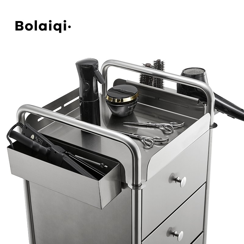 BOLAIQI beauty salon hairdressing cart tools storage metal cabinet silver working trolley stainless steel trolley