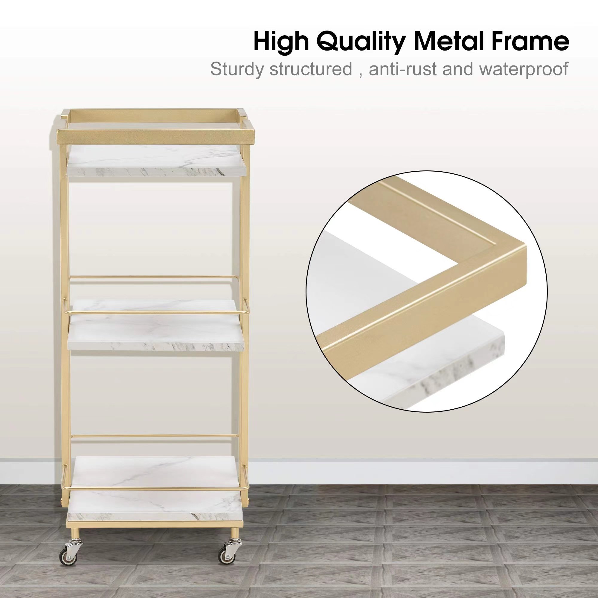Rose Gold Manicure Trolley Rolling Barber Cart With Wheels Metal Frame High Quality Waterproof Furniture Wholesale