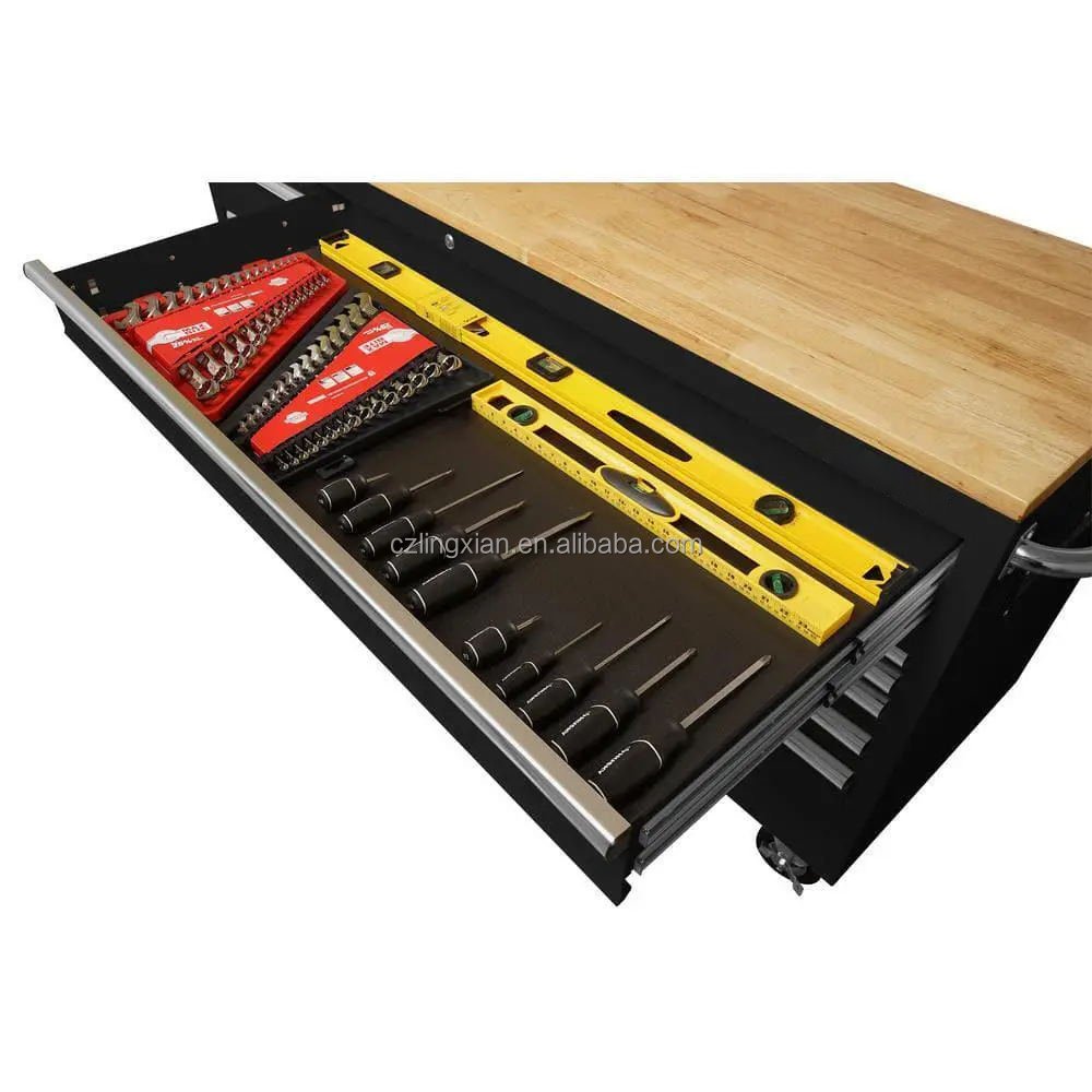 72"x24" 18-Drawer Tool Chest W/ Wood Top Gloss Black Mobile Workbench Tool Cabinet With Drawers For Hairdressers