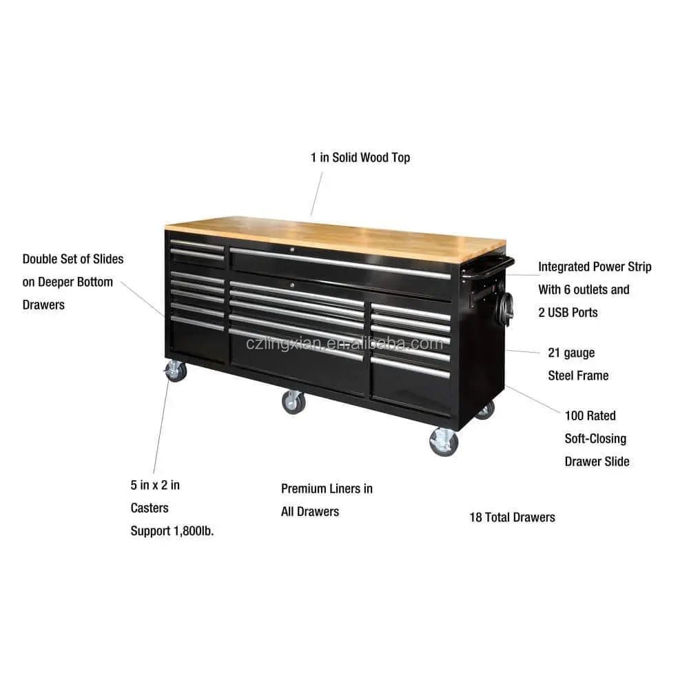 72"x24" 18-Drawer Tool Chest W/ Wood Top Gloss Black Mobile Workbench Tool Cabinet With Drawers For Hairdressers
