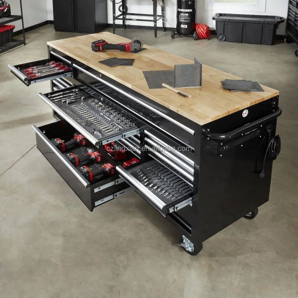 72"x24" 18-Drawer Tool Chest W/ Wood Top Gloss Black Mobile Workbench Tool Cabinet With Drawers For Hairdressers