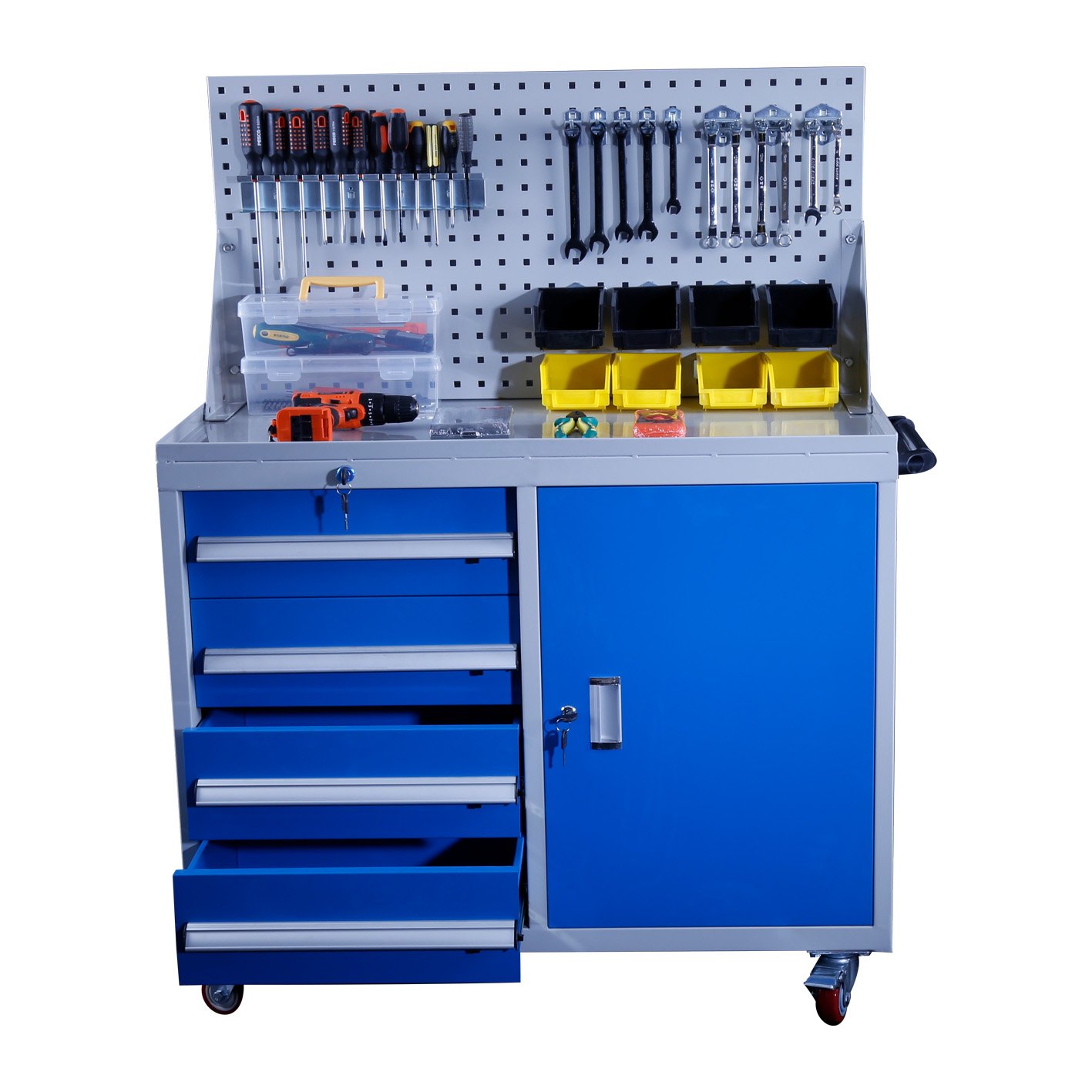 Factory wholesale Multifunctional Mobile and lockable parts storage cart with four drawers and one cabinet Hardware maintenance