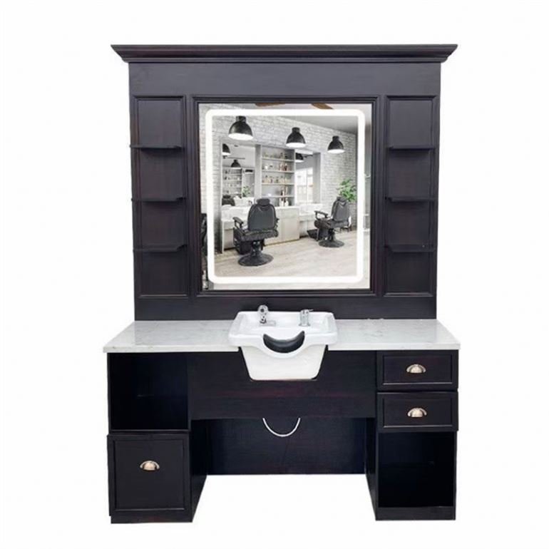 Portable Braids Professional Hair Rustic Golden Colour Brown Waah Mobile Work Miroir Shelf Neon Salon Trolley Mirror Station
