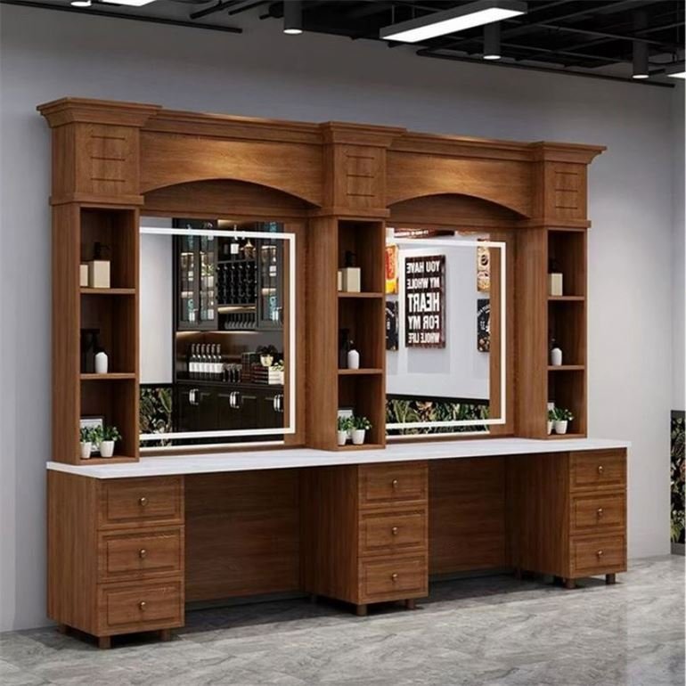 Portable Braids Professional Hair Rustic Golden Colour Brown Waah Mobile Work Miroir Shelf Neon Salon Trolley Mirror Station