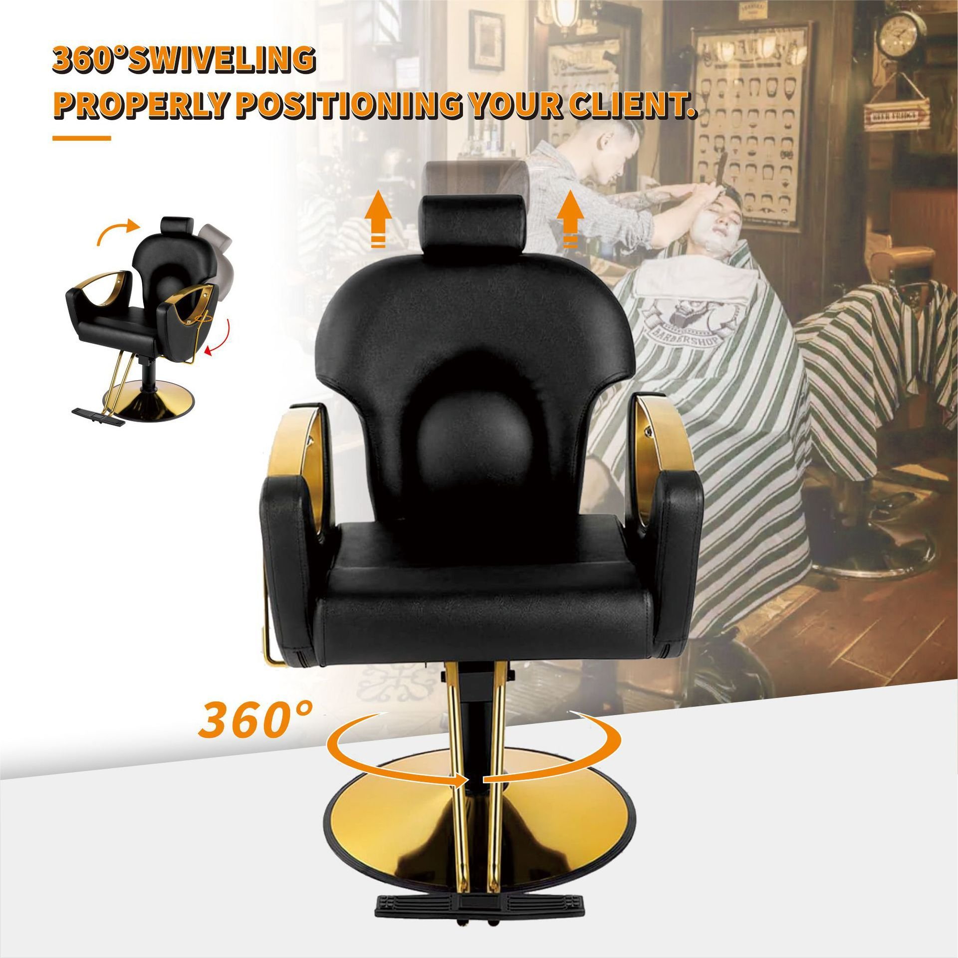 Black Gold Barber Chair Heavy Duty Reclining Hair Styling Chair Professional Hydraulic Salon Chair for Barbershop