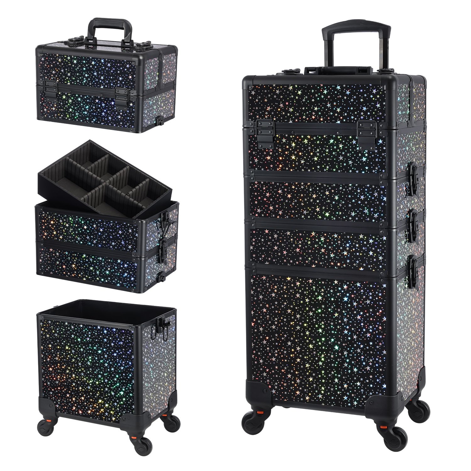 Rolling Makeup Case 4 in 1 Professional Cosmetic Trolley Large Storage Salon Barber Case Traveling Cart Trunk for Makeup Artist