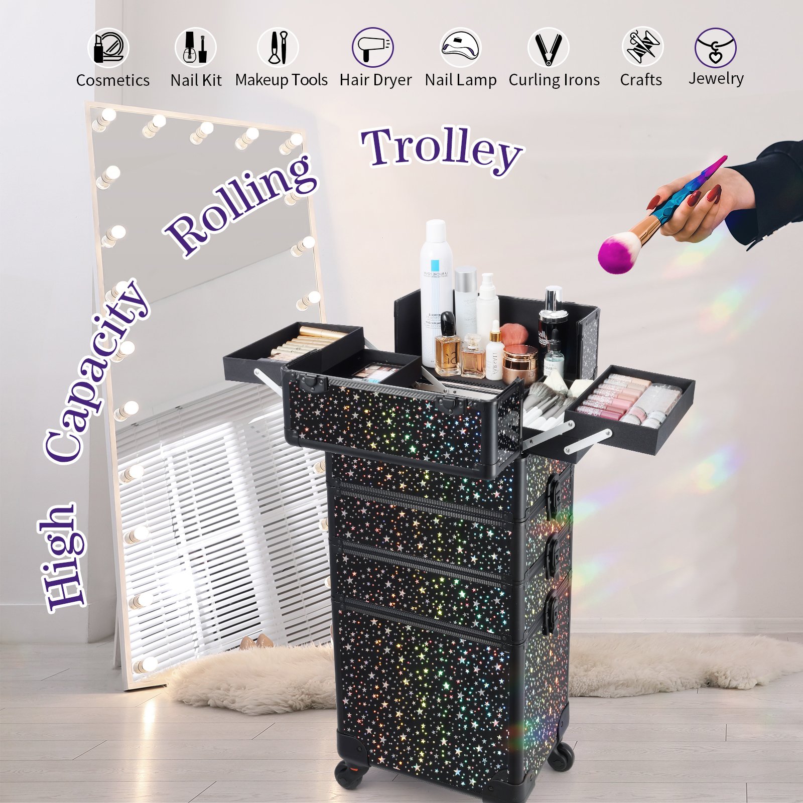 Rolling Makeup Case 4 in 1 Professional Cosmetic Trolley Large Storage Salon Barber Case Traveling Cart Trunk for Makeup Artist
