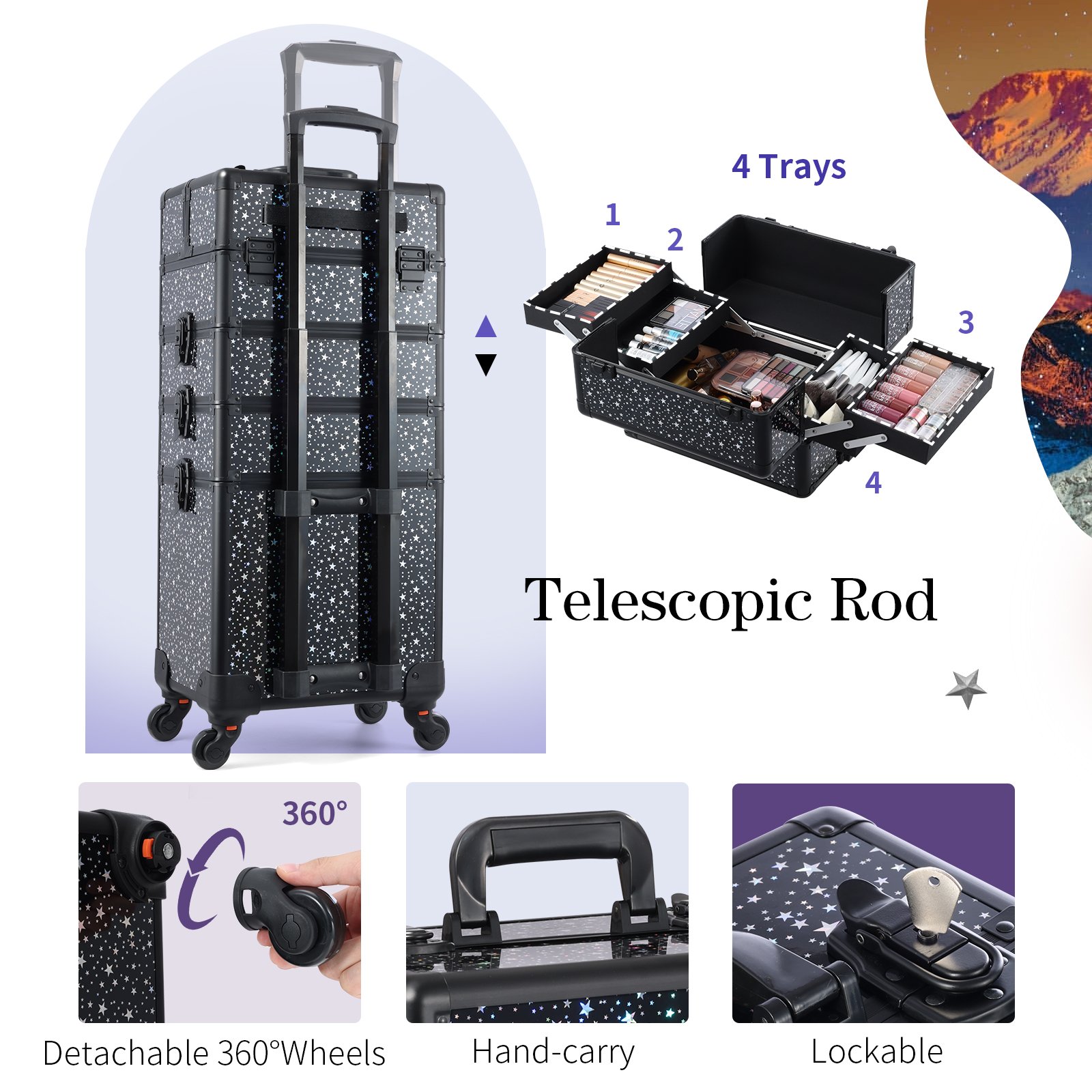Rolling Makeup Case 4 in 1 Professional Cosmetic Trolley Large Storage Salon Barber Case Traveling Cart Trunk for Makeup Artist