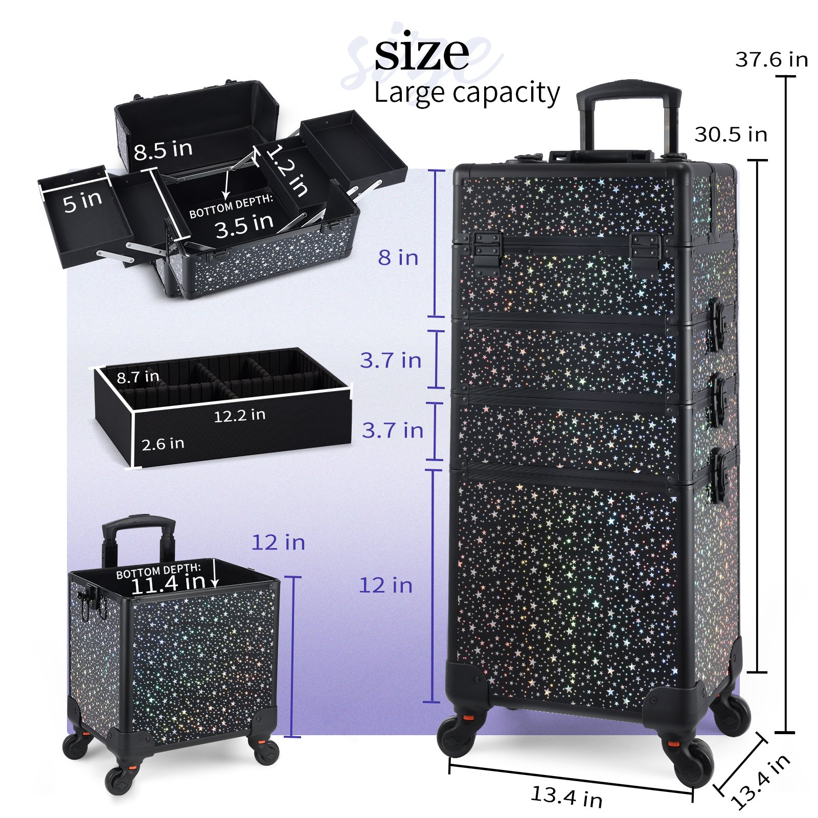 Rolling Makeup Case 4 in 1 Professional Cosmetic Trolley Large Storage Salon Barber Case Traveling Cart Trunk for Makeup Artist