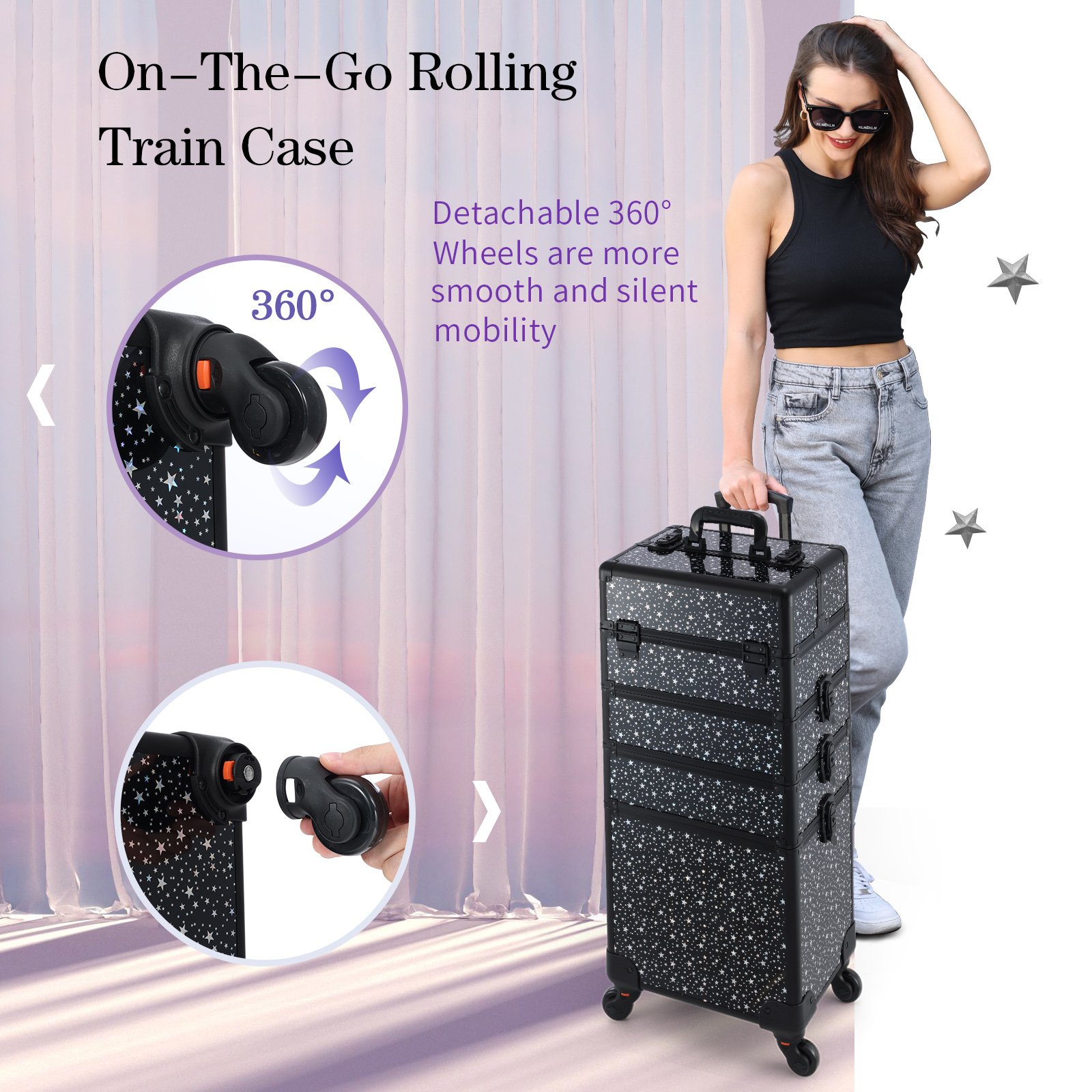 Rolling Makeup Case 4 in 1 Professional Cosmetic Trolley Large Storage Salon Barber Case Traveling Cart Trunk for Makeup Artist